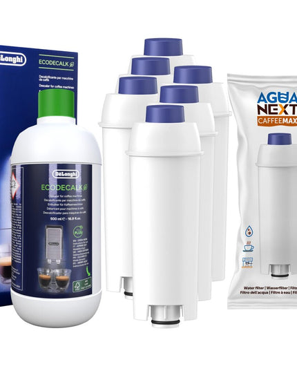 Kavos aparatų vandens filtrai AguaNext CaffeeMax 6vnt + universali nukalkinimo priemonė Delonghi Ecodecalk, 500 ml