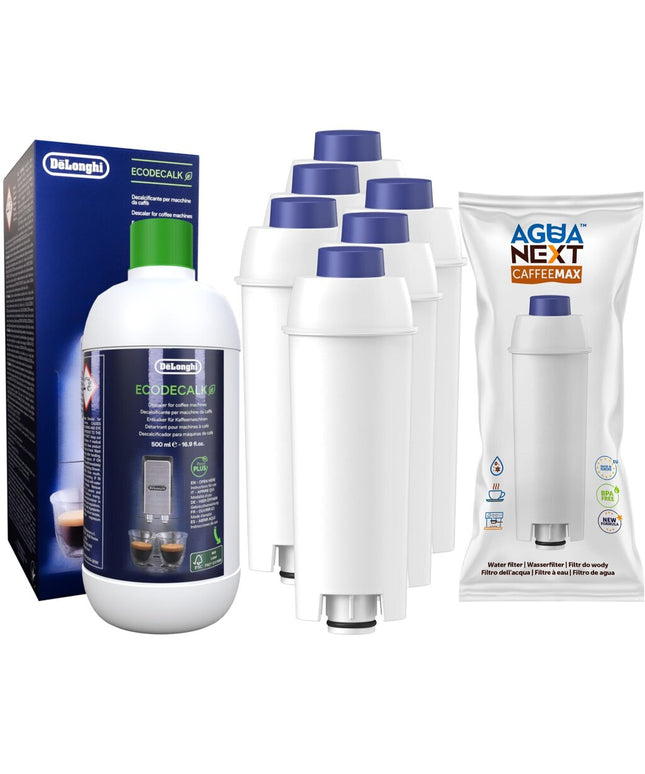 Kavos aparatų vandens filtrai AguaNext CaffeeMax 6vnt + universali nukalkinimo priemonė Delonghi Ecodecalk, 500 ml