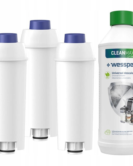 Kavos aparatų vandens filtrai AquaNext CaffeeMax, 3vnt, skirti Delonghi kavos apratams + nukalkinimo priemonė Wessper CleanMax, 500 ml