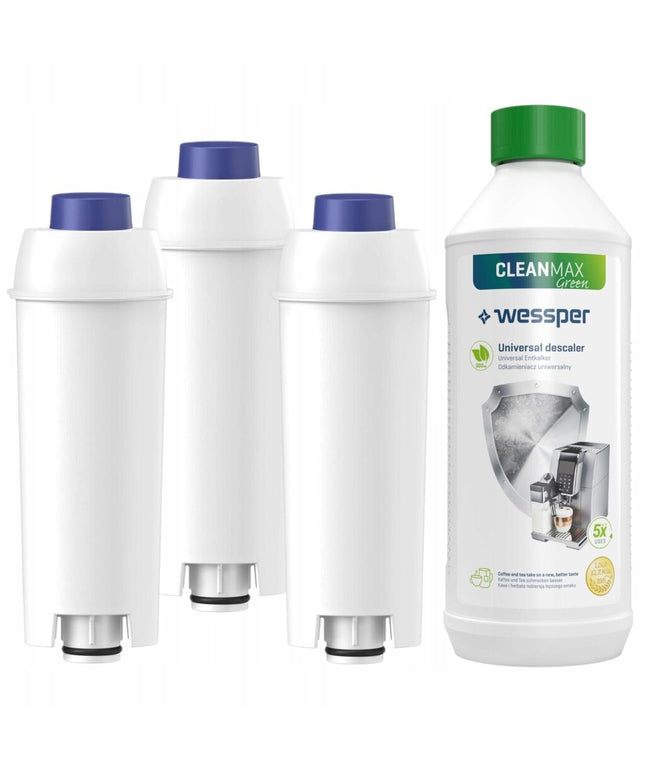 Kavos aparatų vandens filtrai AquaNext CaffeeMax, 3vnt, skirti Delonghi kavos apratams + nukalkinimo priemonė Wessper CleanMax, 500 ml