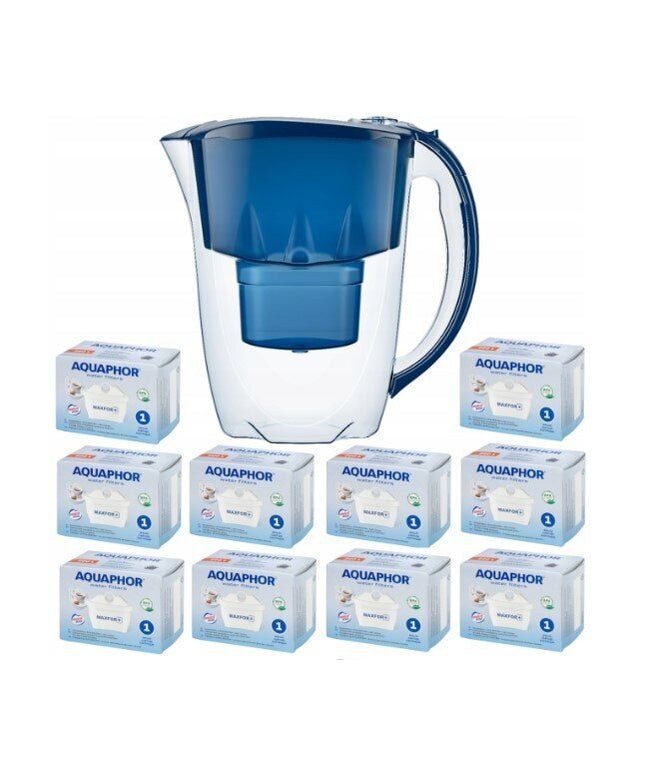 Vandens filtravimo ąsotis Aquaphor Amethyst, 2,8l, mėlynas, su 10 vnt Aquaphor B25 Maxfor vandens filtrų
