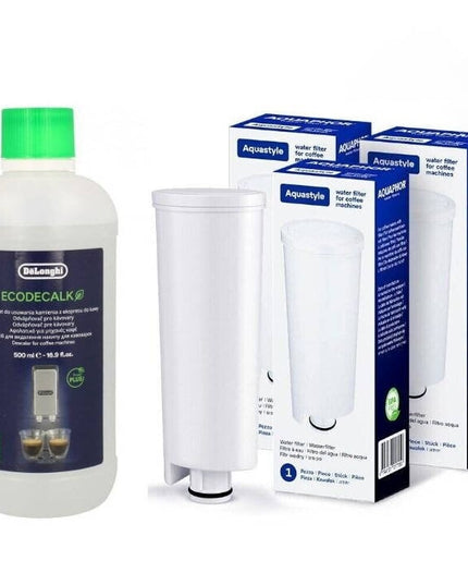 Kavos aparatų vandens filtrai Aquaphor Delonghi 3 vnt + universali nukalkinimo priemonė Ecodecalk 500 ml