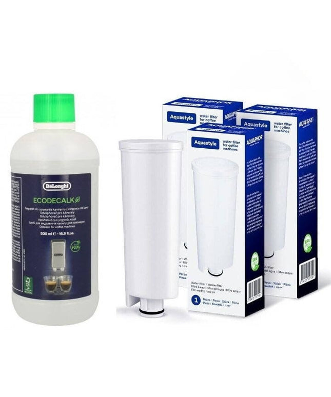 Kavos aparatų vandens filtrai Aquaphor Delonghi 3 vnt + universali nukalkinimo priemonė Ecodecalk 500 ml