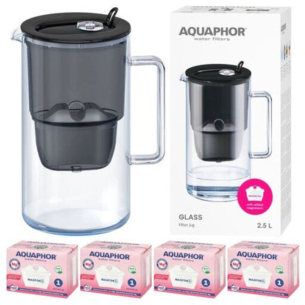 Stiklinis vandens filtravimo ąsotis Aquaphor Glass 2,5 l, suMaxfor Mg vandens filtrais, 4 vnt, juodas