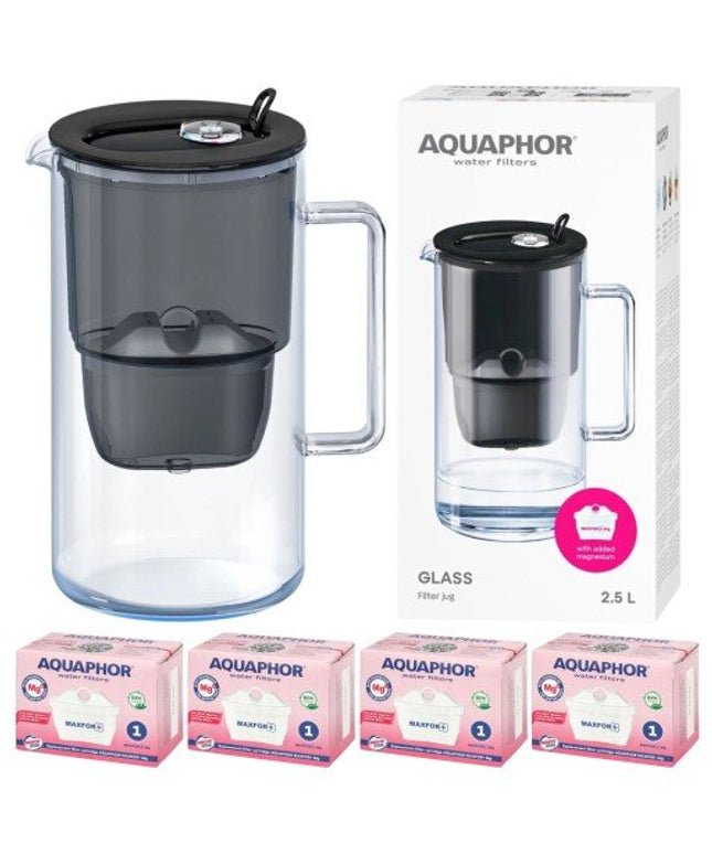 Stiklinis vandens filtravimo ąsotis Aquaphor Glass 2,5 l, suMaxfor Mg vandens filtrais, 4 vnt, juodas