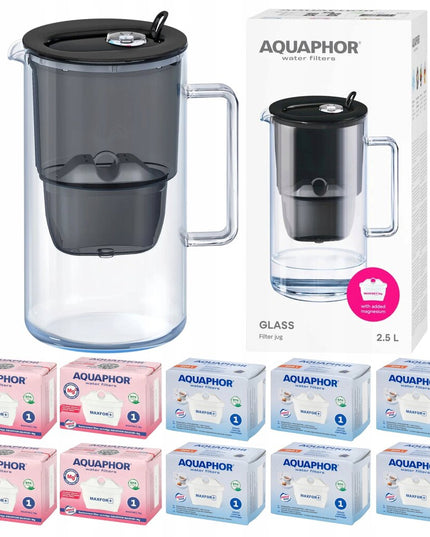 Stiklinis vandens filtravimo ąsotis Aquaphor Glass 2,5 l su 10 vnt Maxfor vandens filtrų (4Mg+6), juodas