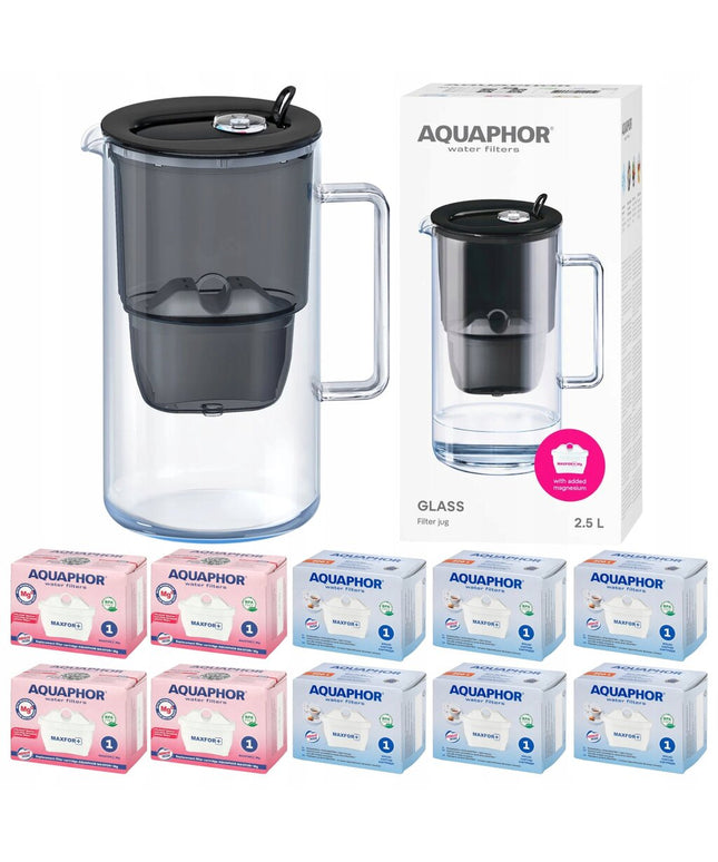 Stiklinis vandens filtravimo ąsotis Aquaphor Glass 2,5 l su 10 vnt Maxfor vandens filtrų (4Mg+6), juodas