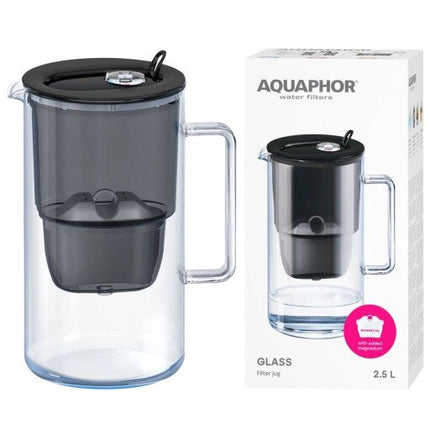 Stiklinis vandens filtravimo ąsotis Aquaphor Glass 2,5 l, suMaxfor Mg vandens filtrais, 4 vnt, juodas