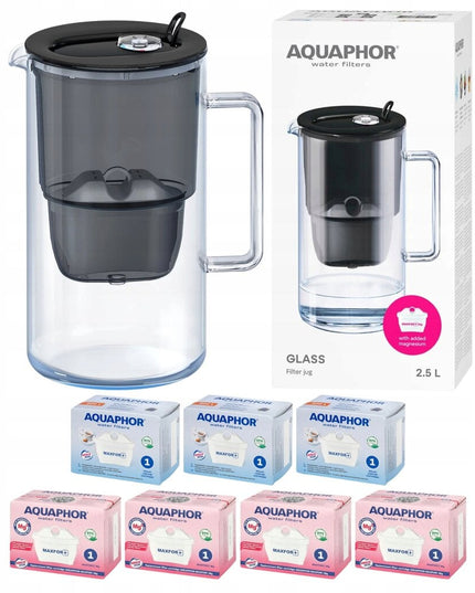 Vandens filtravimo ąsotis Aquaphor Glass, 2,5l, juodas, su 7 vnt Maxfor filtrų