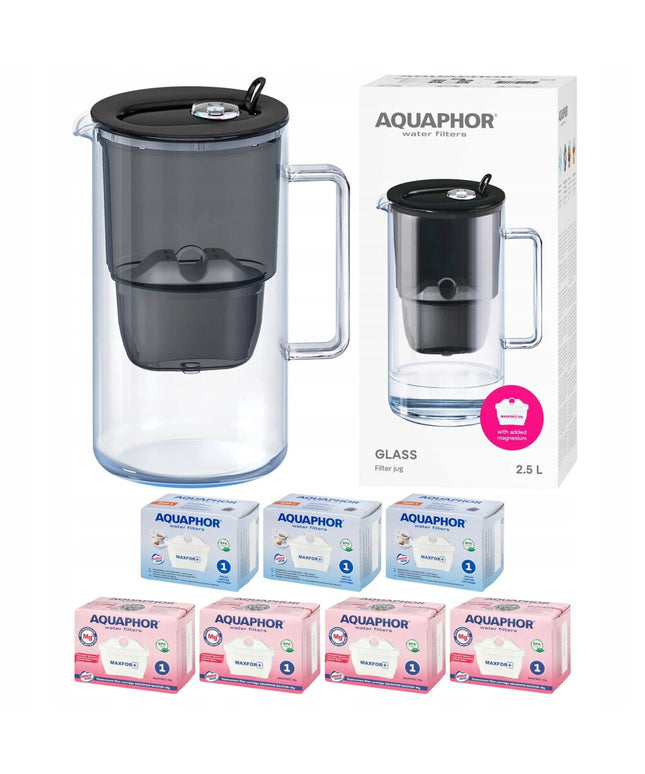 Vandens filtravimo ąsotis Aquaphor Glass, 2,5l, juodas, su 7 vnt Maxfor filtrų