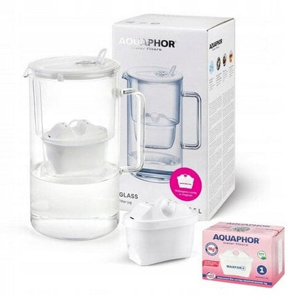 Stiklinis vandens filtravimo ąsotis Aquaphor Glass 2,5l + Maxfor Mg vandens filtras, baltas