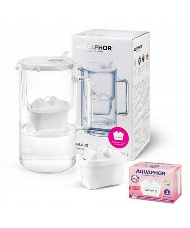 Stiklinis vandens filtravimo ąsotis Aquaphor Glass 2,5l + Maxfor Mg vandens filtras, baltas