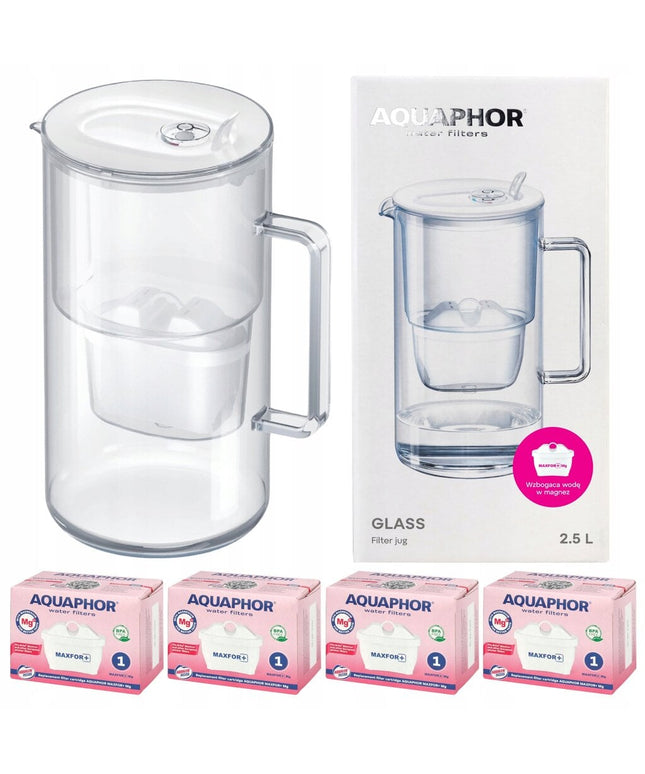 Stiklinis vandens filtravimo ąsotis Aquaphor Glass, 2,5l, baltas, su 4 vnt Maxfor Mg vandens filtrais