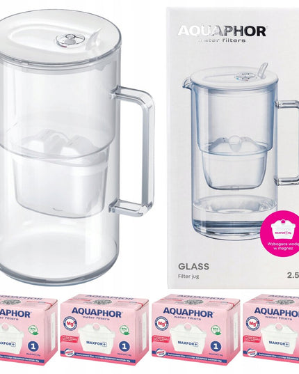 Stiklinis vandens filtravimo ąsotis Aquaphor Glass, 2,5l, baltas, su 4 vnt Maxfor Mg vandens filtrais