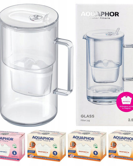Stiklinis vandens filtravimo ąsotis Aquaphor Glass, 2,5l,  su 4 vnt vandens filtro kasečių (1Mg+3H), baltas