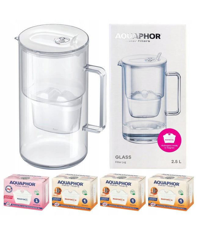 Stiklinis vandens filtravimo ąsotis Aquaphor Glass, 2,5l,  su 4 vnt vandens filtro kasečių (1Mg+3H), baltas