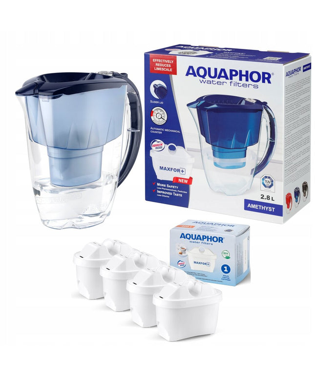 Vandens filtravimo ąsotis Aquaphor Amethyst blue 2.8l, mėlynas, su 4 vnt Maxfor vandens filtrų