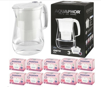Vandens filtravimo ąsotis Aquaphor Onyx, 4.2l, baltas, su 10 vnt Maxfor Mg vandens filtrų