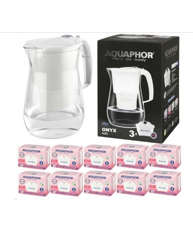 Vandens filtravimo ąsotis Aquaphor Onyx, 4.2l, baltas, su 10 vnt Maxfor Mg vandens filtrų