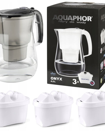 Vandens filtravimo ąsotis Aquaphor Onyx, 4.2l, juodas, su 3 vnt Maxfor vandens filtrų