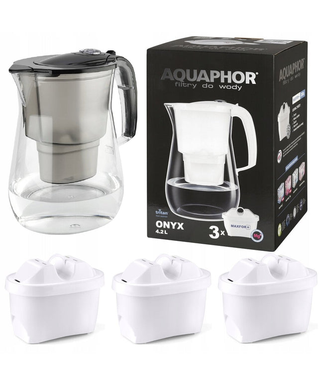 Vandens filtravimo ąsotis Aquaphor Onyx, 4.2l, juodas, su 3 vnt Maxfor vandens filtrų