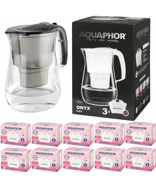 Vandens filtravimo ąsotis Aquaphor Onyx 4.2l + 10 vnt Maxfor Mg vandens filtrų, juodas