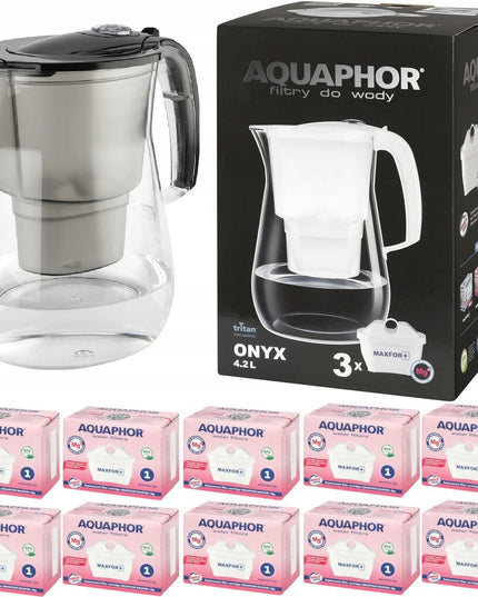 Vandens filtravimo ąsotis Aquaphor Onyx 4.2l + 10 vnt Maxfor Mg vandens filtrų, juodas