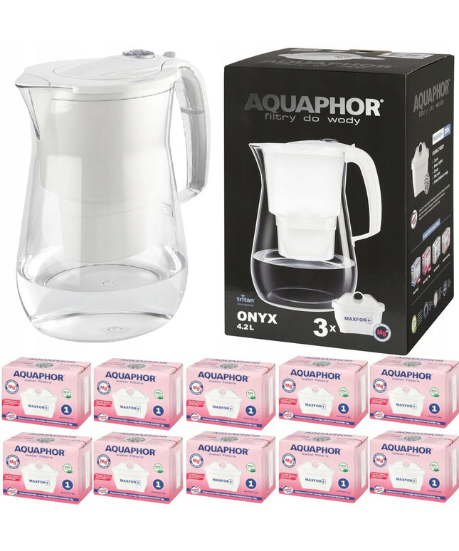 Vandens filtravimo ąsotis Aquaphor Onyx 4.2l, baltas, su 10 vnt Maxfor Mg vandens filtrų