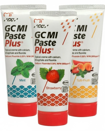 Dantų pasta su fluoru GC Mi Paste Plus Recaldent, braškių, tutti-frutti, mėtų skonio, 35 ml, 3 vnt.