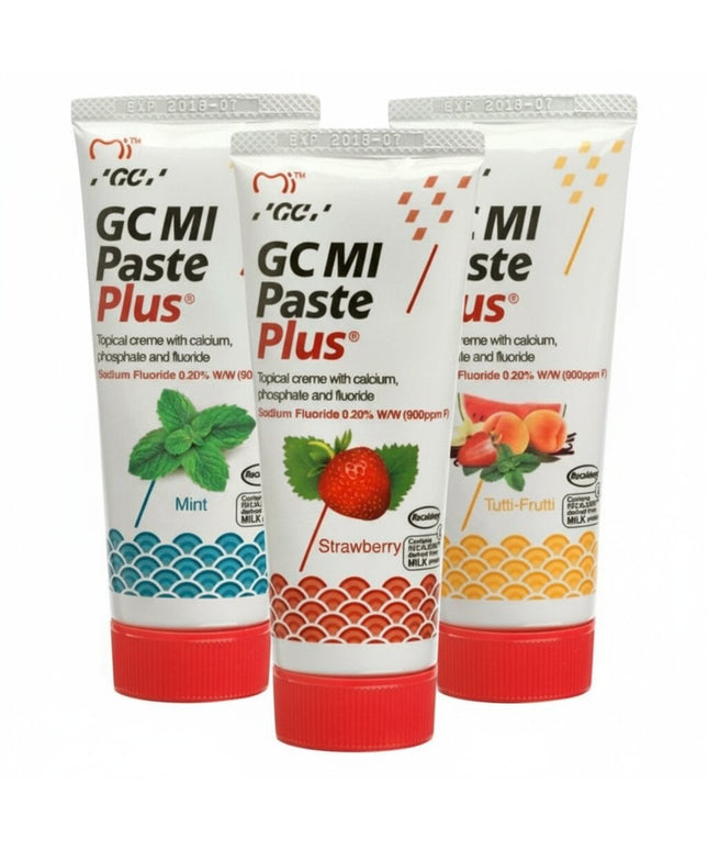 Dantų pasta su fluoru GC Mi Paste Plus Recaldent, braškių, tutti-frutti, mėtų skonio, 35 ml, 3 vnt.