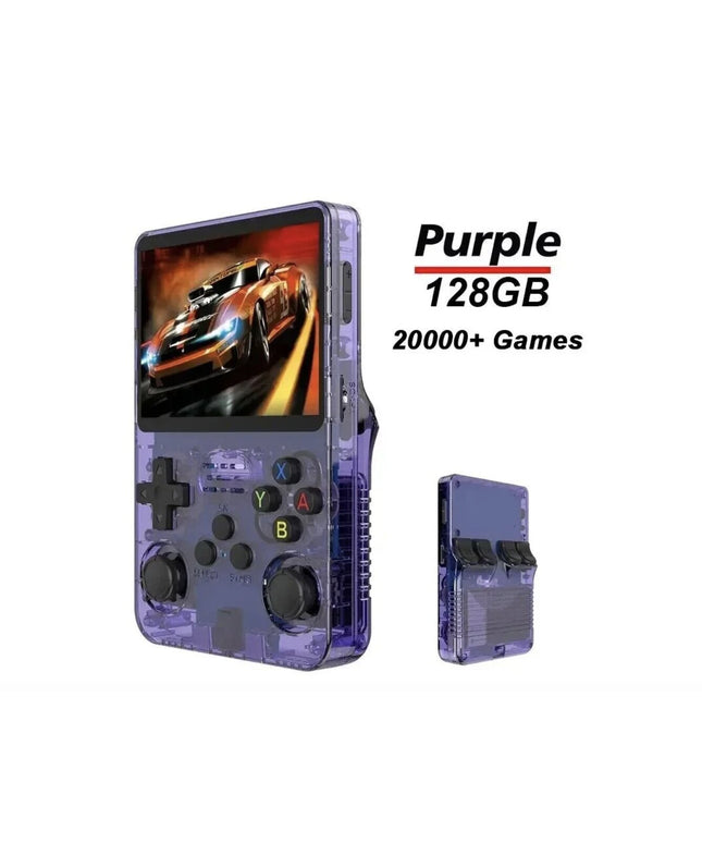 Retro žaidimų konsolė HappyJoe R36S, 128GB, violetinė, su 20000 žaidimų