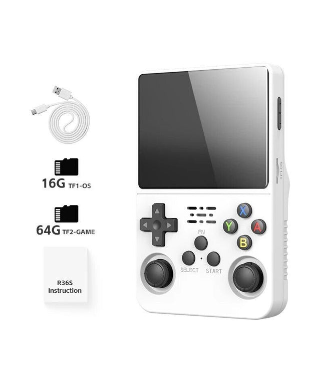 Retro žaidimų konsolė HappyJoe R36S, 64GB, balta, su 10000+ žaidimų