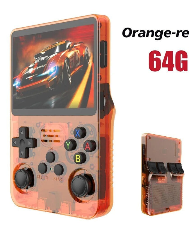 Retro žaidimų konsolė HappyJoe R36S, 64GB, oranžinė, su 10000+ žaidimų