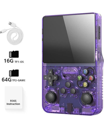 Retro žaidimų konsolė HappyJoe R36S, 64GB, violetinė, su 10000 žaidimų
