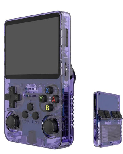 R36S Retro vaizdo delninė žaidimų konsolė, skirta 64G ir 1500 klasikiniams žaidimams, violetinė