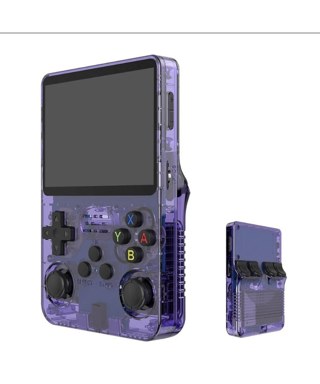 R36S Retro vaizdo delninė žaidimų konsolė, skirta 64G ir 1500 klasikiniams žaidimams, violetinė
