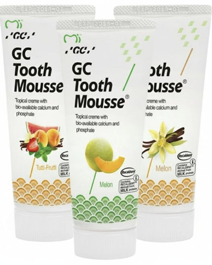 Remineralizuojanti dantų pasta be fluoro GC Mousse vanilės, melionų ir tutti skonių, 35 ml, 3 vnt.