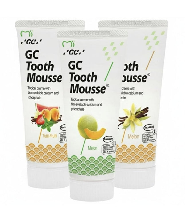 Remineralizuojanti dantų pasta be fluoro GC Mousse vanilės, melionų ir tutti skonių, 35 ml, 3 vnt.