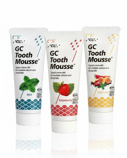 Remineralizuojantis dantų kremas be fluoro GC Tooth Mousse Recaldent, braškių, tutti ir mėtų skoniai, 35 ml x 3 vnt