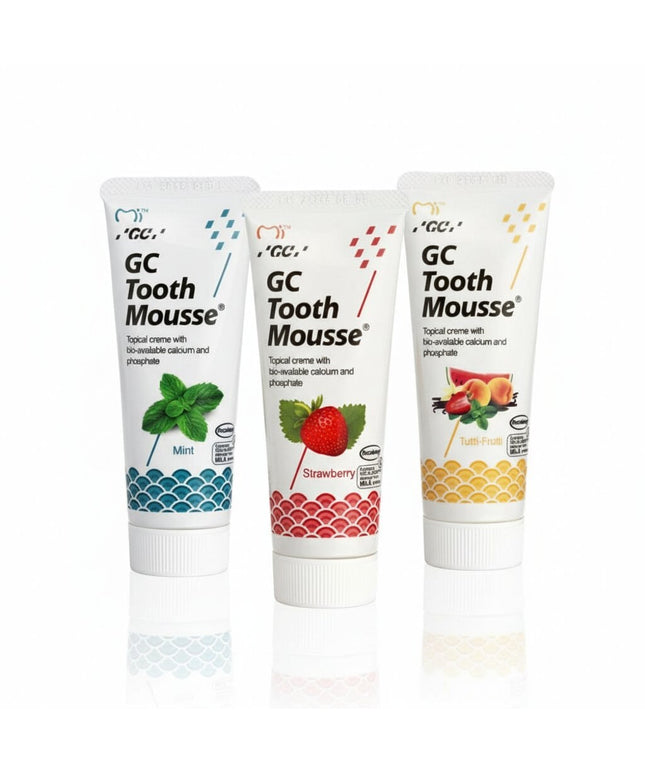 Remineralizuojantis dantų kremas be fluoro GC Tooth Mousse Recaldent, braškių, tutti ir mėtų skoniai, 35 ml x 3 vnt