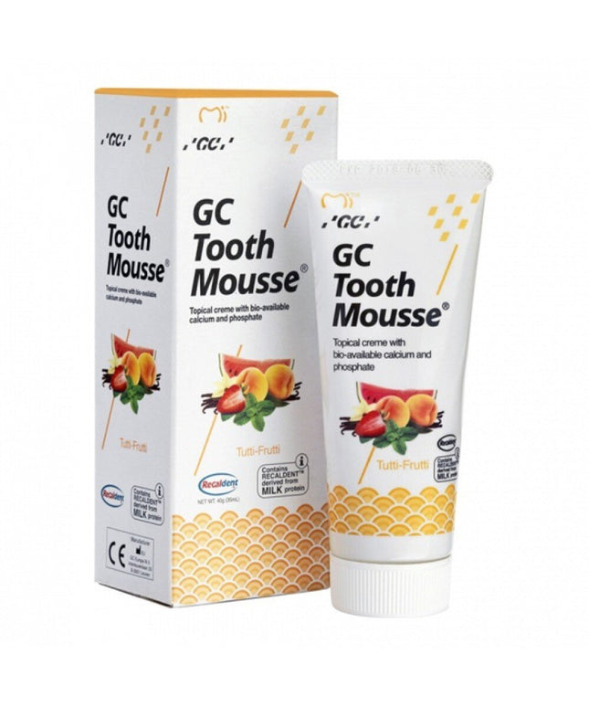 Remineralizuojantis dantų kremas be fluoro GC Tooth Mousse Recaldent, įvairių vaisių skonio, 35 ml