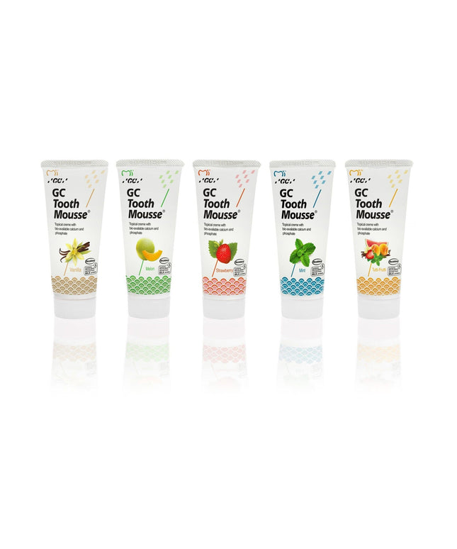 Remineralizuojantis dantų kremas be fluoro, penki skoniai, GC Tooth Mousse Recaldent, 35 ml x 5vnt