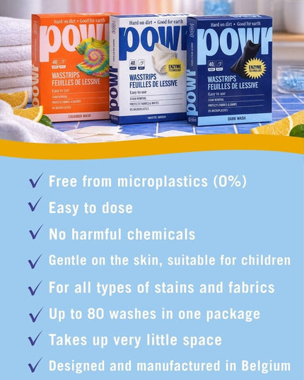 Skalbimo lapeliai POWR, juodiems ir tamsiems skalbiniams, 40 lapelių, visų tipų audiniams, be mikroplastiko