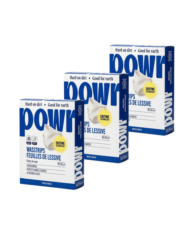 Skalbimo lapeliai POWR x3 vnt, baltiems skalbiniams, 120 lapelių, visų tipų audiniams, be mikroplastiko
