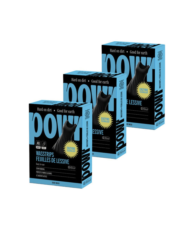 Skalbimo lapeliai POWR x3 vnt, juodiems ir tamsiems skalbiniams, 120 lapelių, visų tipų audiniams, be mikroplastiko
