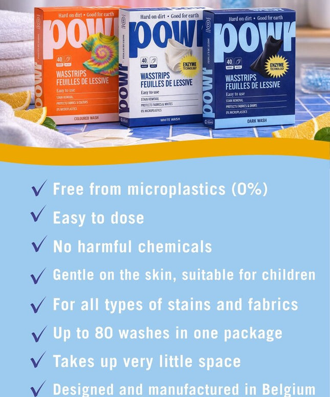 Skalbimo lapeliai POWR x3 vnt, juodiems ir tamsiems skalbiniams, 120 lapelių, visų tipų audiniams, be mikroplastiko