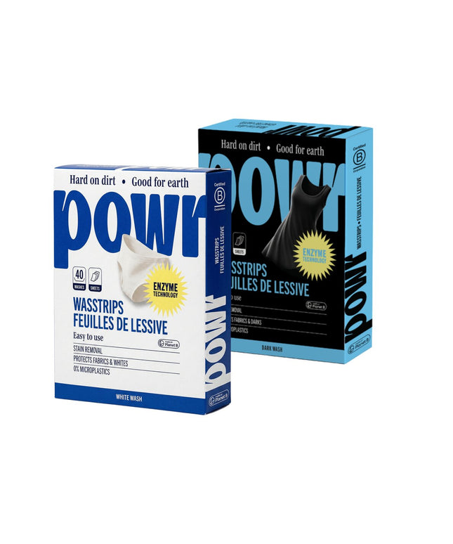 Skalbimo lapelių be mikroplastiko rinkinys Powr: 1x juodiems, 1x baltiems. 80 lapelių, visų tipų audiniams