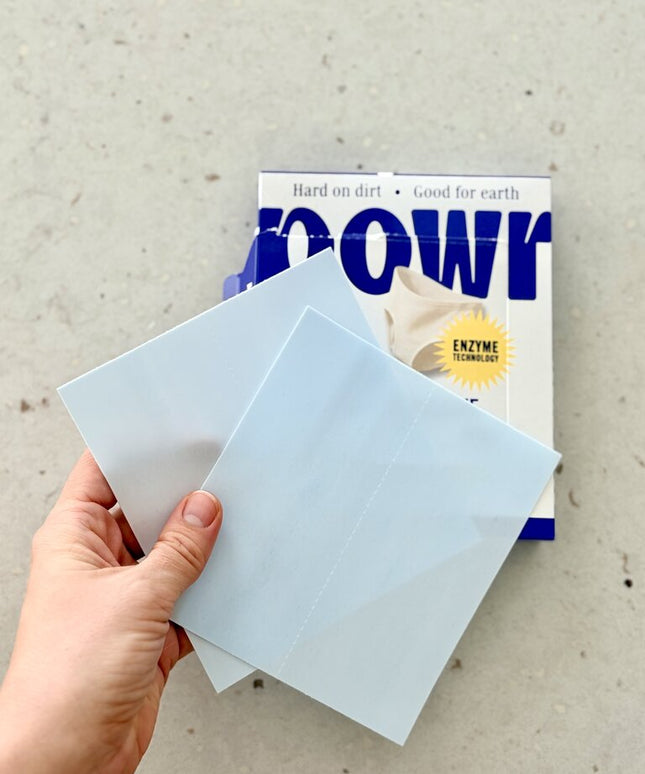 Skalbimo lapelių be mikroplastiko rinkinys Powr: 1x spalvotiems, 1x juodiems, 1x baltiems. 120 lapelių, visų tipų audiniams