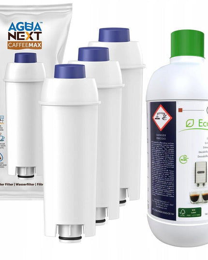 Rinkinys: kavos aparatų vandens filtrai Delonghi 3 vnt + universali nukalkinimo priemonė Ecodecalk 500 ml