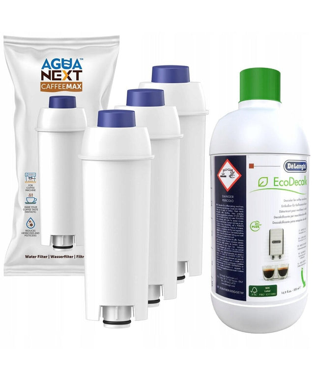 Rinkinys: kavos aparatų vandens filtrai Delonghi 3 vnt + universali nukalkinimo priemonė Ecodecalk 500 ml
